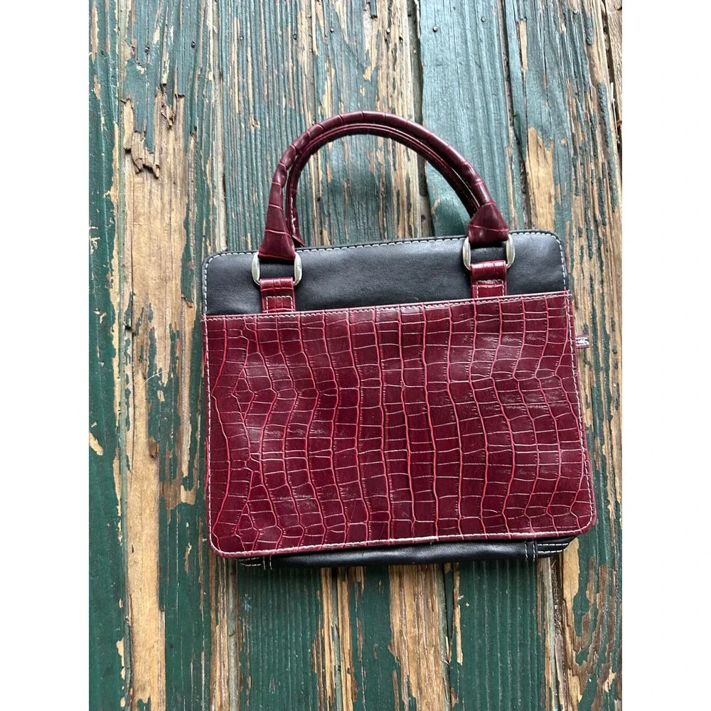 Burgundy Black Faux Croc Bible Cover Organizer Bag Celtic Cross Small Tote 2589